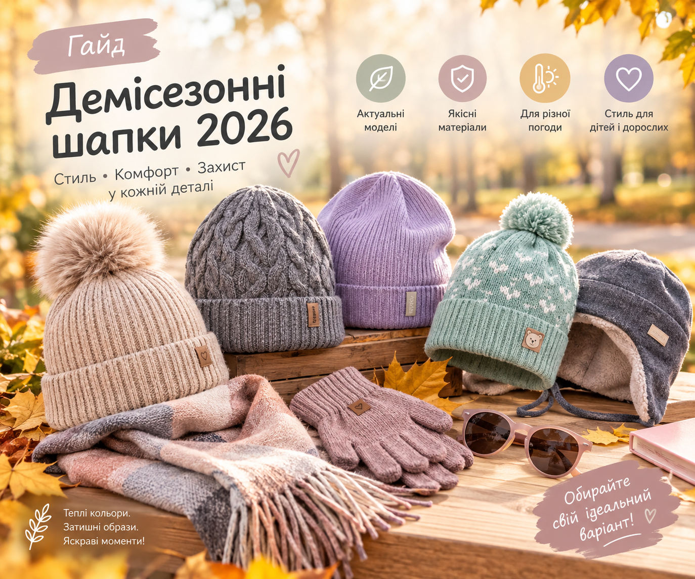 Гайд по найпопулярніших демісезонних шапках 2026: трикотажні моделі, шапки з легкої пряжі та флісовою підкладкою – огляд трендів від Glory Kids