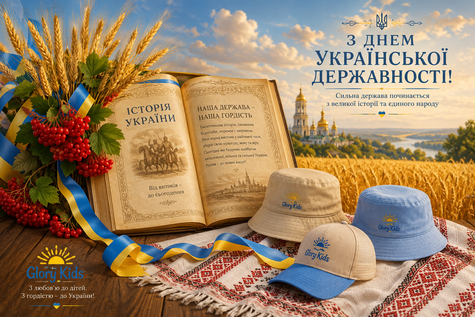 День Української державності | Патріотичне вітання від Glory Kids – виробника дитячих шапок, кепок та панам Патріотичне вітання з Днем Української державності від Glory Kids: державні символи, рушник, калина та дитячі головні убори від виробника