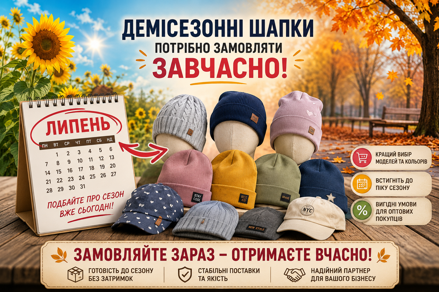 Чому варто замовити демісезонні шапки вже в липні: контраст літа та осені, практичні поради від виробника Glory Kids для вчасного поповнення асортименту