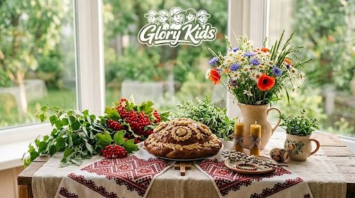 Вітання зі святом Трійці від Glory Kids: гілочки берези, польові квіти, коровай та дитячі головні убори ніжних кольорів у затишній святковій атмосфері